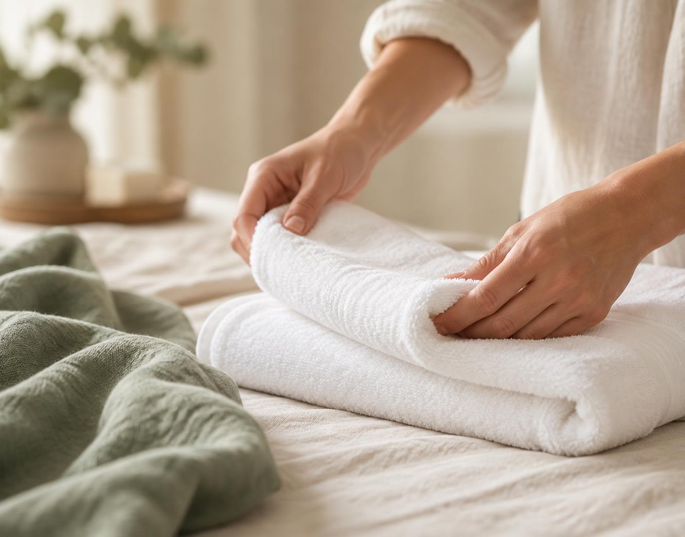 Freshly laundered white towels being folded on cream linen