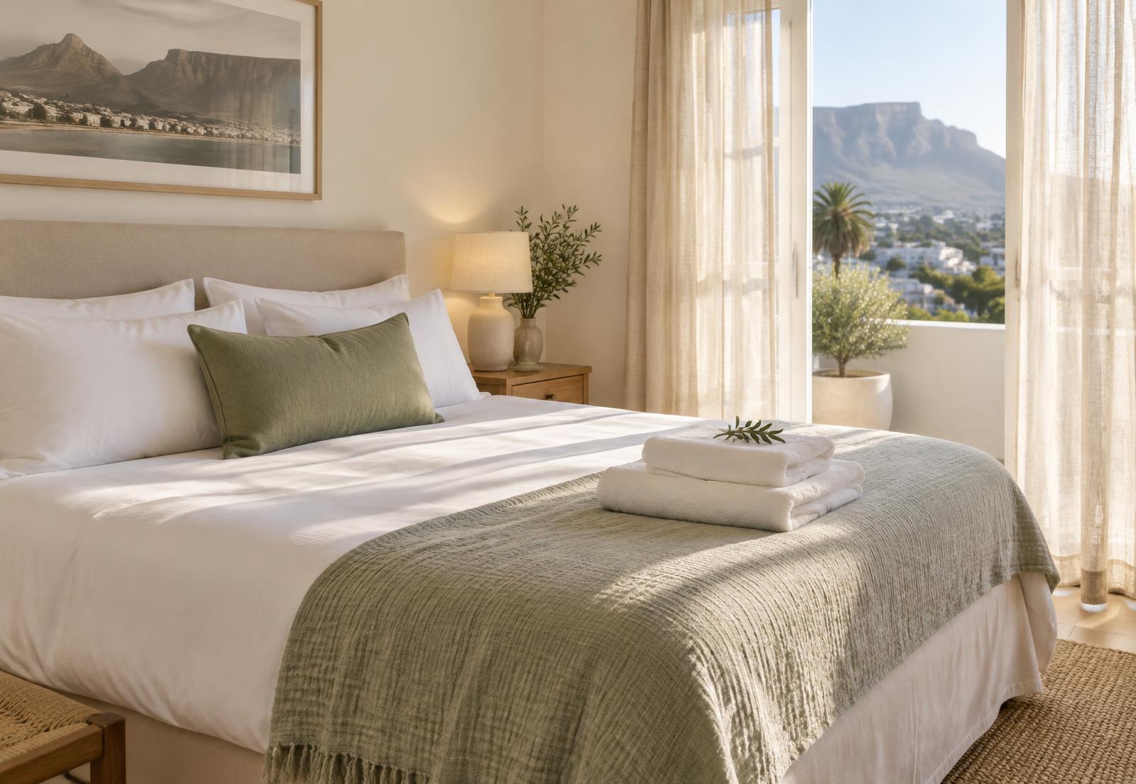 Guest bedroom in Cape Town made up with crisp white linen and folded towels