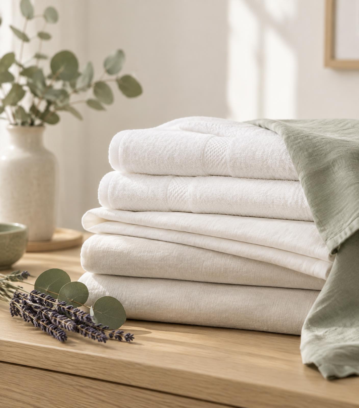 Freshly folded white and sage linen with eucalyptus, ready for delivery